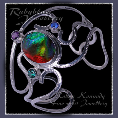 Sterling Silver, Ammolite, Rainforest Green Topaz, Glacier Blue Topaz and Amethyst Cuff Bracelet