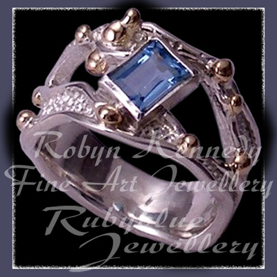 14 Karat Yellow Gold, Sterling Silver and Aquamarine 'Goldman Aqua' Ring Image