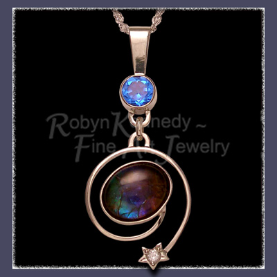 Canadian Ammolite, Glacial Blue Topaz, Diamond and 14 Karat White Gold 'Glaciallation' Pendant Image