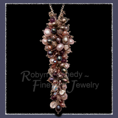 Sterling Silver, Lavendar Pearls, Purple Pearls, Grey Pearls, Pink Pearls, Black Pearls, Heliotrope Austrian Crystal, Black Diamond Austrian Crystal, Amethyst Austrian Crystal,Amethyst, Light Amethyst Czech Glass, Rose Czech Glass, Clear Czech Glass and Rainbow Czech Glass 'Purple Cluster' Necklace Image