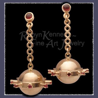 14 Karat Yellow Gold, Rubies and Cabochon Garnet 'Spacetacular' Earrings