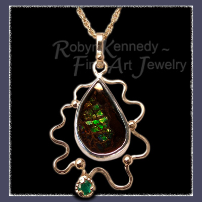 Gold, Ammolite, Sterling Silver and Emerald 'The Wiz' Pendant Image