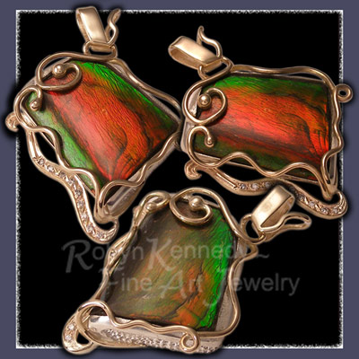 10 Karat Yellow Gold, Sterling Silver, Genuine Freeform Ammolite and Diamonds Custom Pendant Image