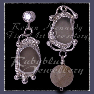 Sterling Silver, Genuine Great Lakes Beach Glass, Cubic Zirconia and Labradorite Earrings Image