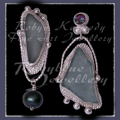 Sterling Silver, Genuine Great Lakes Beach Glass,  Mystic Greeen Topaz and Black Pearl  Earrings Image