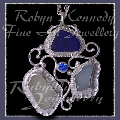 Sterling Silver, Great Lakes Beachglass and Glacier Blue Topaz 'Beachglass' Pendant 5 Image