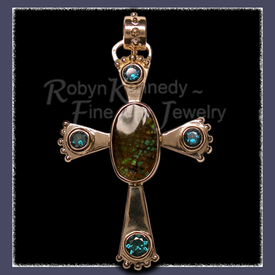 Solid 10 Karat Yellow Gold, Ammolite and 'Evergreen' Diffused Topaz Gemstone Cross Pendant Image