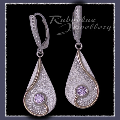 10 Karat Yellow Gold, Sterling Silver & Lavendar Cubic Zirconia 'Dreamland' Earrings Image