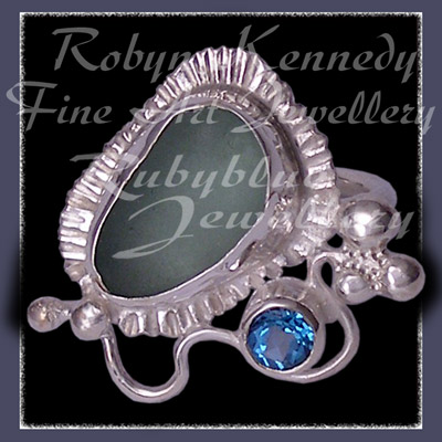Sterling Silver, Teal Topaz and Genuine Grealt Lakes Beach Glass Ring