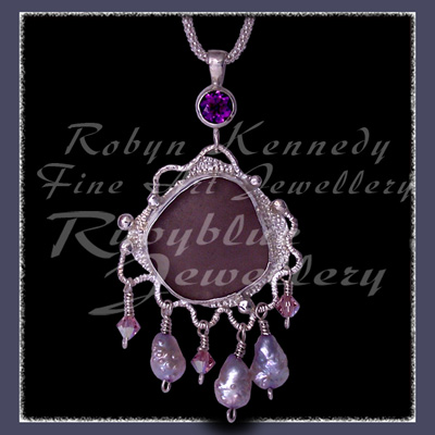 Sterling Silver, Great Lakes Beach Glass, Amethyst, Swarovski Crystals and Pearls 'Beach Glass' Pendant 19 Image