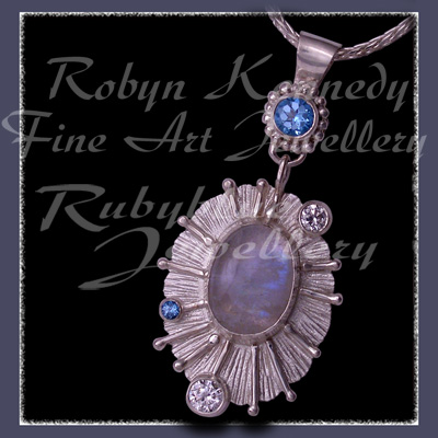Argentium Silver, Sterling Silver, Fine Silver, Rainbow Moonstone, Paradise Blue Topaz and Swarovski Cubic Zirconia 'Snow Queen' Pendant Image