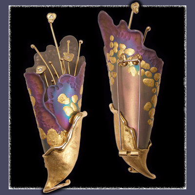 One-Of-A-Kind Collection - 24 Karat Yellow Gold Leaf, 18 Karat Yellow Gold, Diamonds and Niobium 'Electric Lily' Brooch Image